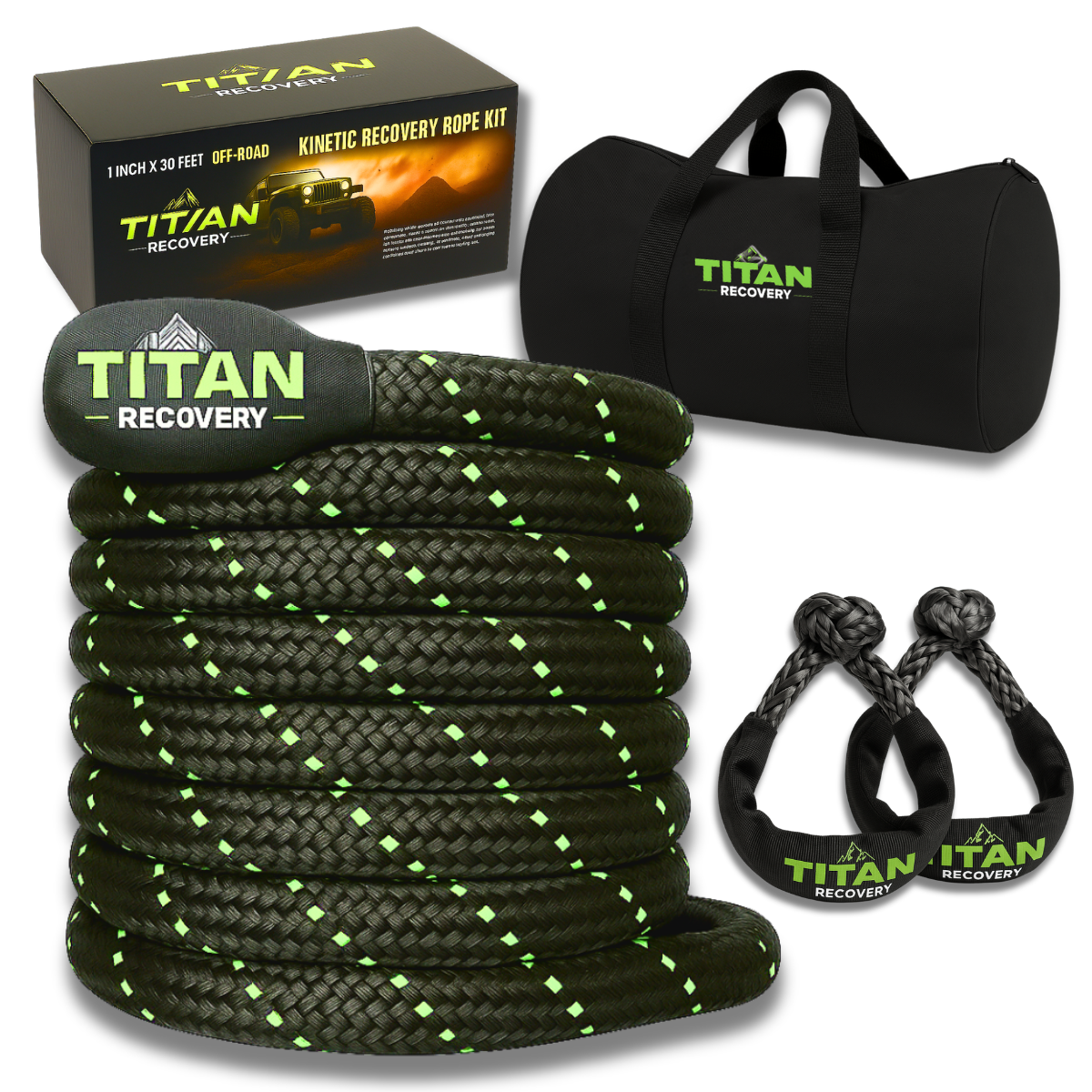 Kinetic Recovery Rope Kit 1"x30' 33,710 lb MBS TITAN Heavy-Duty Off-Road Recovery Rope + 2 Soft Shackles & Bag for Trucks SUVs ATVs UTVs