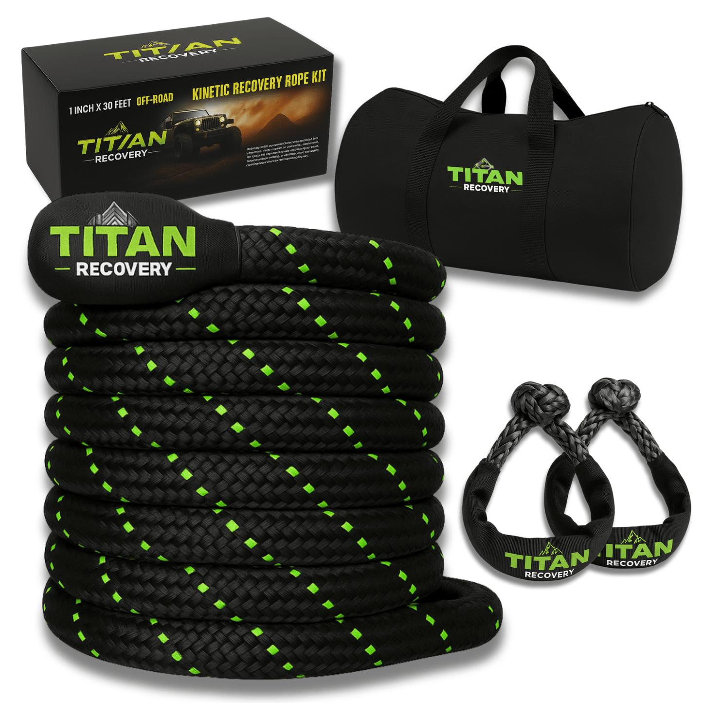 Kinetic Recovery Rope Kit 1"x30' 33,710 lb MBS TITAN Heavy-Duty Off-Road Recovery Rope + 2 Soft Shackles & Bag for Trucks SUVs ATVs UTVs
