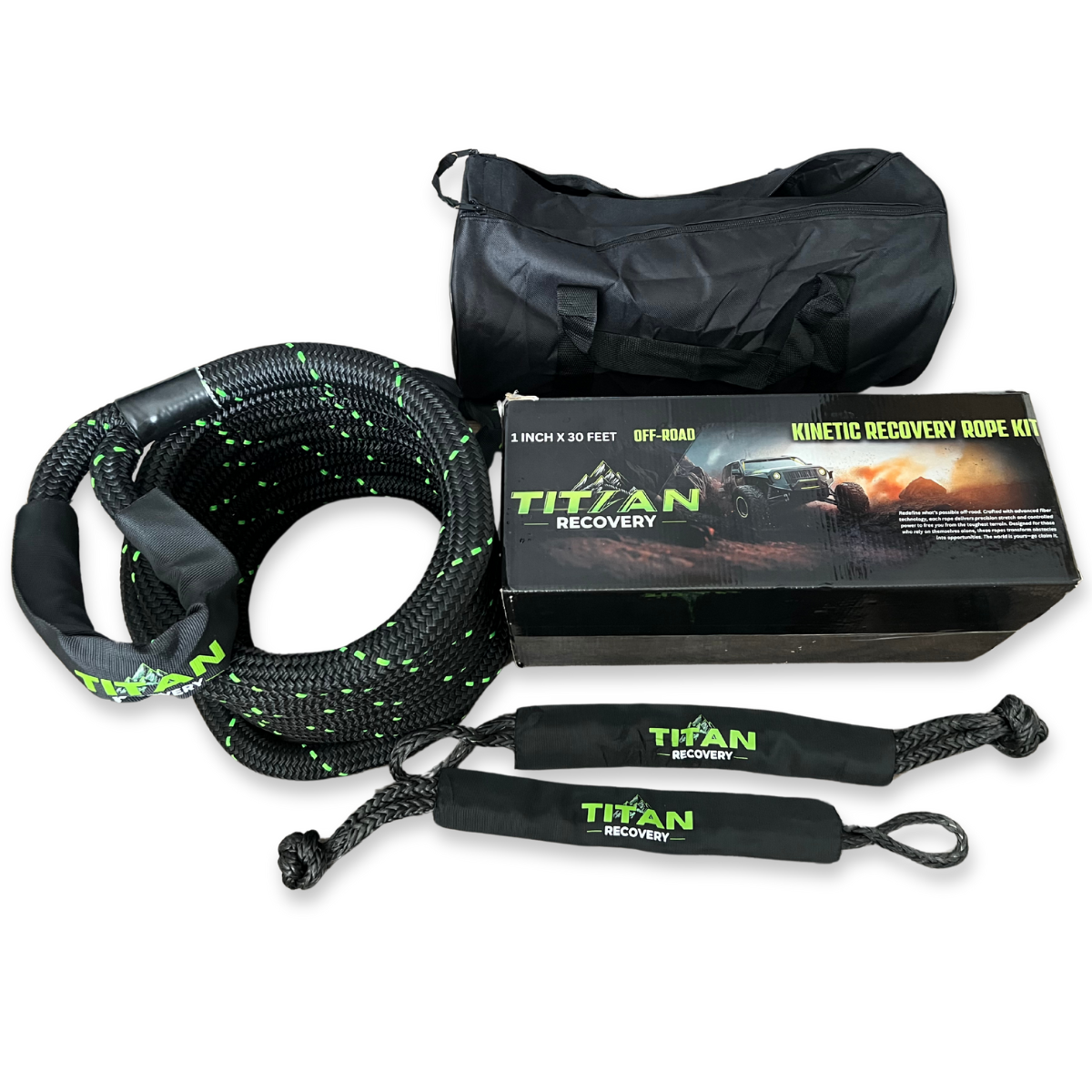 TITAN Recovery Kinetic Recovery Rope Kit, 1" x 30ft, 33,710 Min Breaking lbs, Heavy-Duty Offroad Tow Rope with 2 Soft Shackles and carrying bag, High-Strength Stretch Tow Rope for Trucks, SUVs, ATVs, UTVs