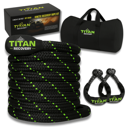 Kinetic Recovery Rope Kit 1"x30' 33,710 lb MBS TITAN Heavy-Duty Off-Road Recovery Rope + 2 Soft Shackles & Bag for Trucks SUVs ATVs UTVs