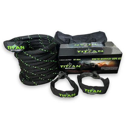 TITAN Recovery Kinetic Recovery Rope Kit, 1" x 30ft, 33,710 Min Breaking lbs, Heavy-Duty Offroad Tow Rope with 2 Soft Shackles and carrying bag, High-Strength Stretch Tow Rope for Trucks, SUVs, ATVs, UTVs